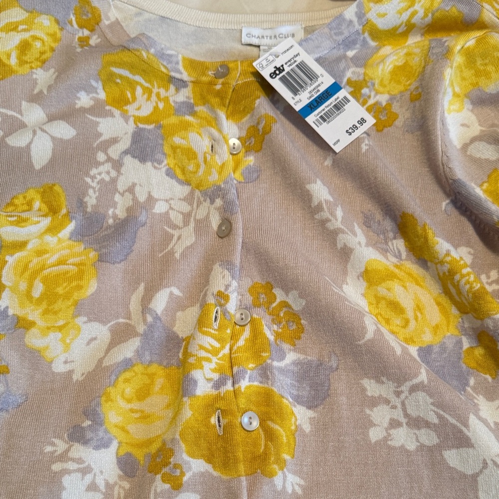 Charter Club Yellow and Cream Floral Cardigan